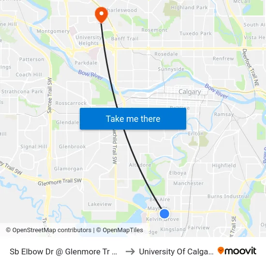 Sb Elbow Dr @ Glenmore Tr SW to University Of Calgary map
