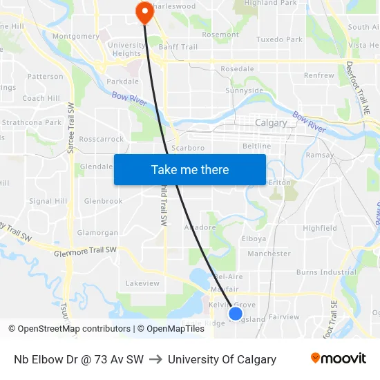 Nb Elbow Dr @ 73 Av SW to University Of Calgary map