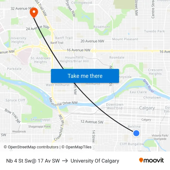 Nb 4 St Sw@ 17 Av SW to University Of Calgary map