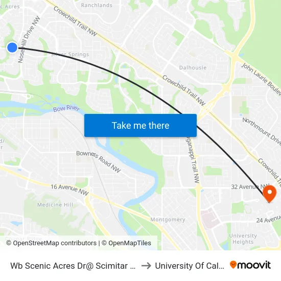 Wb Scenic Acres Dr@ Scimitar Pt NW to University Of Calgary map