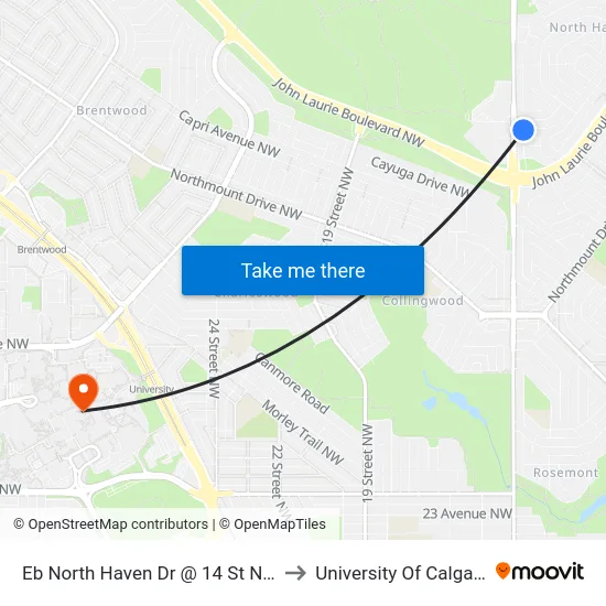 Eb North Haven Dr @ 14 St NW to University Of Calgary map