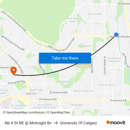 Nb 4 St NE @ Mcknight Bv to University Of Calgary map
