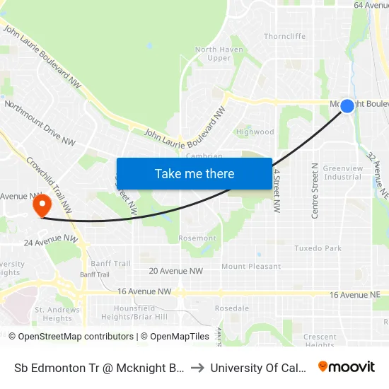 Sb Edmonton Tr @ Mcknight Bv NE to University Of Calgary map