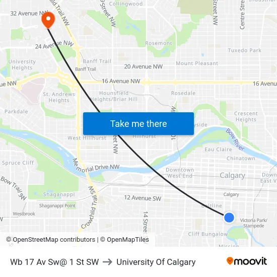 Wb 17 Av Sw@ 1 St SW to University Of Calgary map