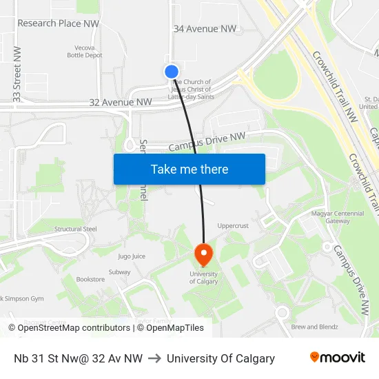 Nb 31 St Nw@ 32 Av NW to University Of Calgary map