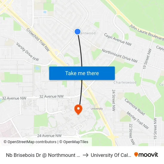 Nb Brisebois Dr @ Northmount Dr NW to University Of Calgary map