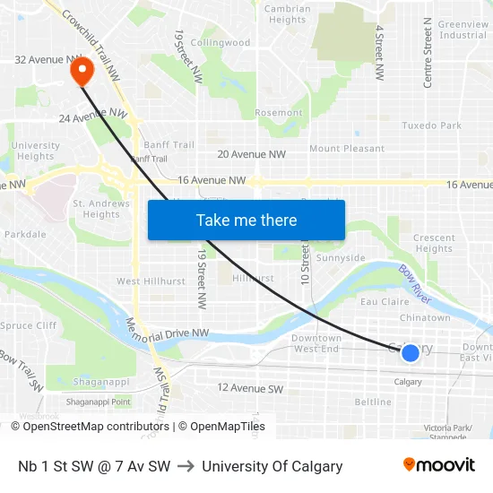 Nb 1 St SW @ 7 Av SW to University Of Calgary map