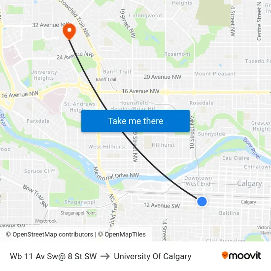 Wb 11 Av Sw@ 8 St SW to University Of Calgary map