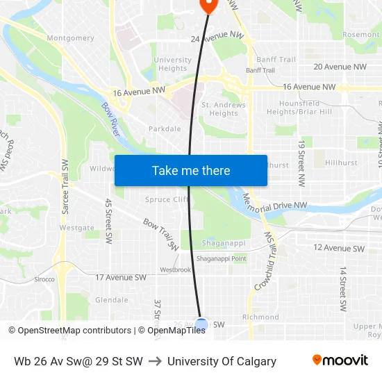 Wb 26 Av Sw@ 29 St SW to University Of Calgary map