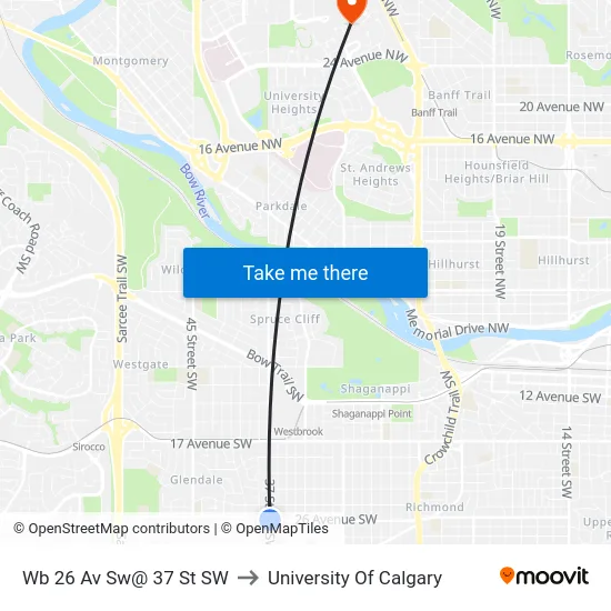 Wb 26 Av Sw@ 37 St SW to University Of Calgary map