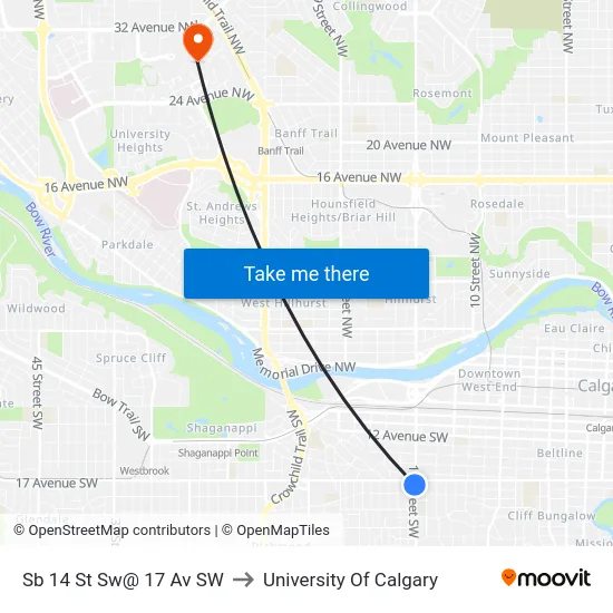 Sb 14 St Sw@ 17 Av SW to University Of Calgary map