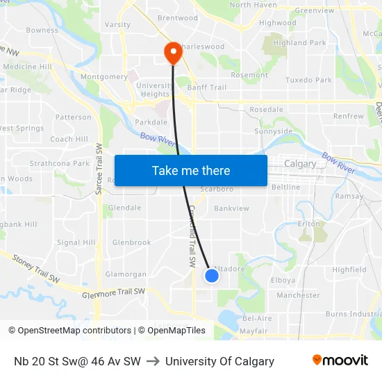 Nb 20 St Sw@ 46 Av SW to University Of Calgary map