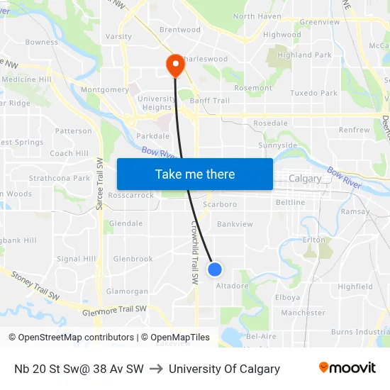 Nb 20 St Sw@ 38 Av SW to University Of Calgary map