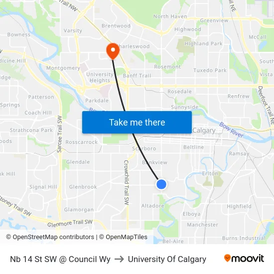 Nb 14 St SW @ Council Wy to University Of Calgary map