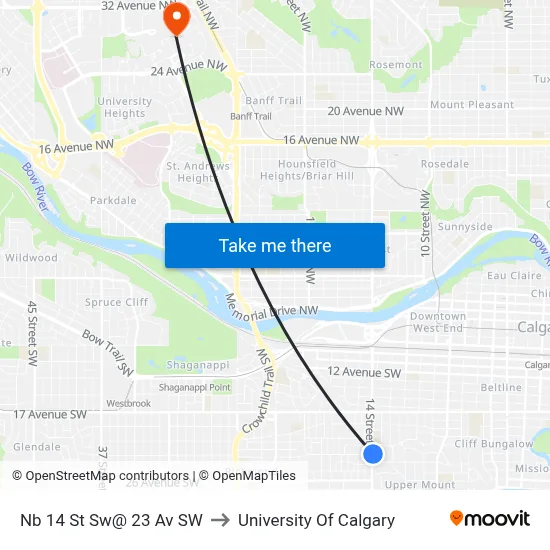 Nb 14 St Sw@ 23 Av SW to University Of Calgary map