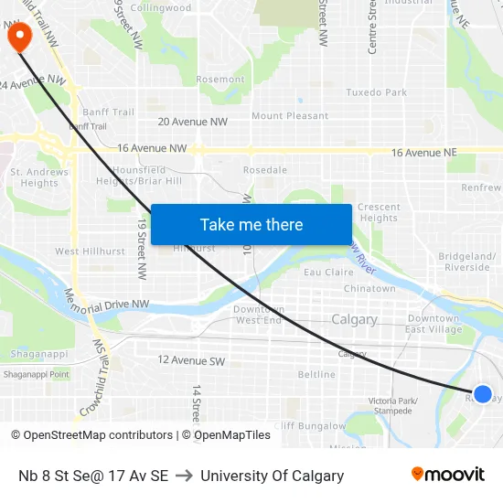 Nb 8 St Se@ 17 Av SE to University Of Calgary map