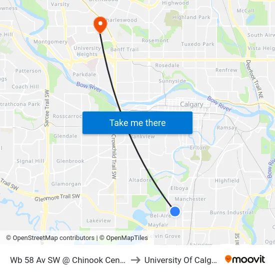 Wb 58 Av SW @ Chinook Centre to University Of Calgary map