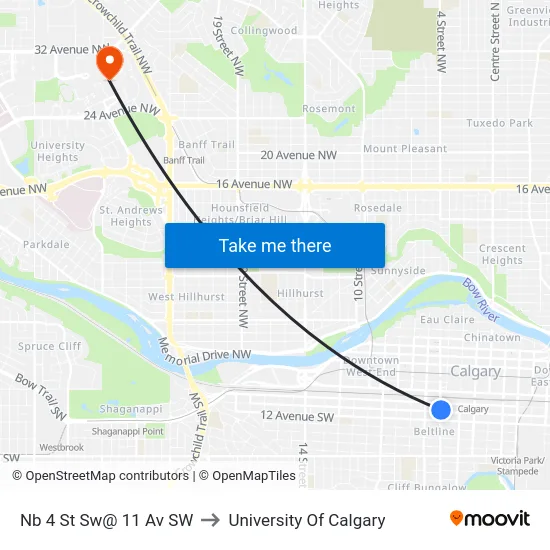 Nb 4 St Sw@ 11 Av SW to University Of Calgary map