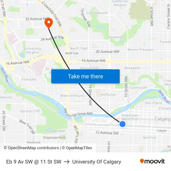 Eb 9 Av SW @ 11 St SW to University Of Calgary map