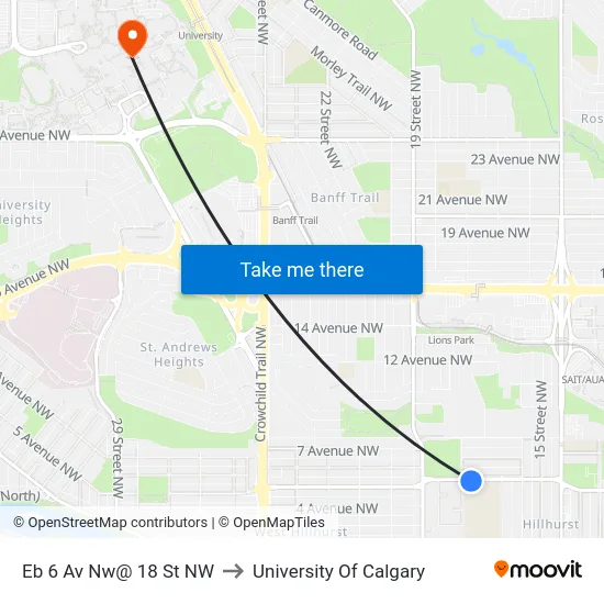 Eb 6 Av Nw@ 18 St NW to University Of Calgary map