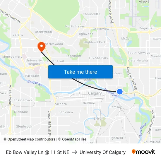 Eb Bow Valley Ln @ 11 St NE to University Of Calgary map
