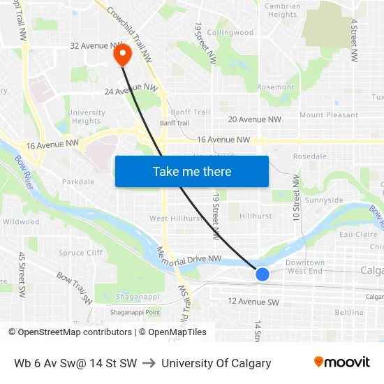 Wb 6 Av Sw@ 14 St SW to University Of Calgary map