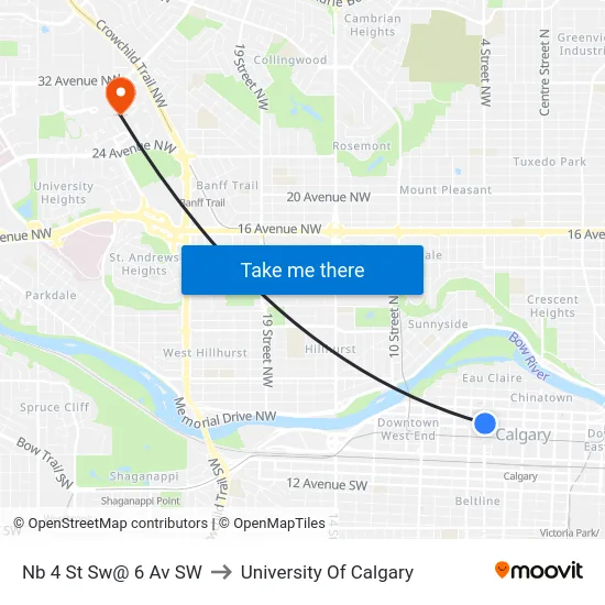 Nb 4 St Sw@ 6 Av SW to University Of Calgary map