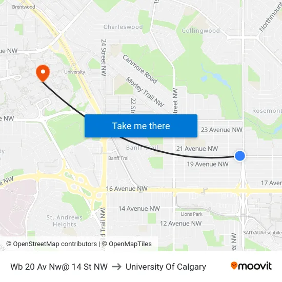 Wb 20 Av Nw@ 14 St NW to University Of Calgary map