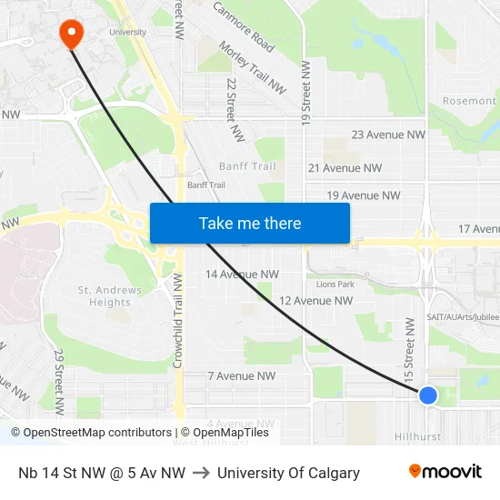 Nb 14 St NW @ 5 Av NW to University Of Calgary map