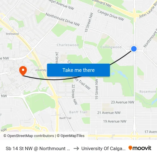 Sb 14 St NW @ Northmount Dr to University Of Calgary map