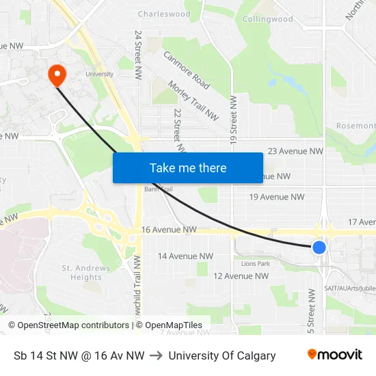 Sb 14 St NW @ 16 Av NW to University Of Calgary map