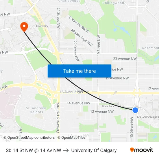 Sb 14 St NW @ 14 Av NW to University Of Calgary map