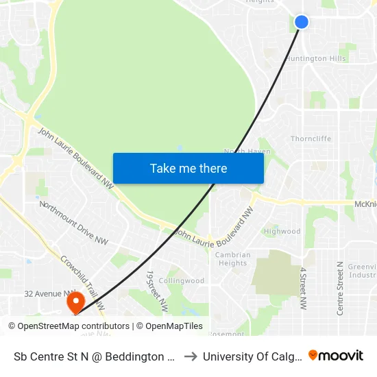 Sb Centre St N @ Beddington Bv N to University Of Calgary map