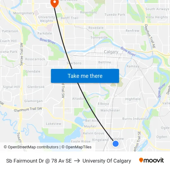Sb Fairmount Dr @ 78 Av SE to University Of Calgary map