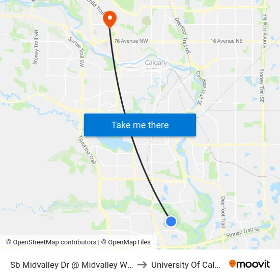 Sb Midvalley Dr @ Midvalley Wy SE to University Of Calgary map