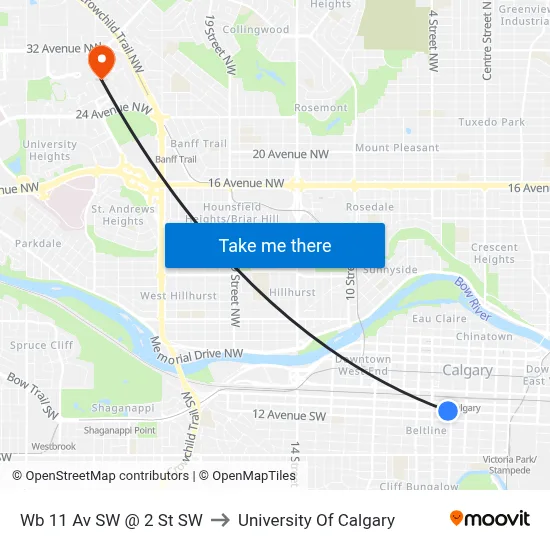 Wb 11 Av SW @ 2 St SW to University Of Calgary map