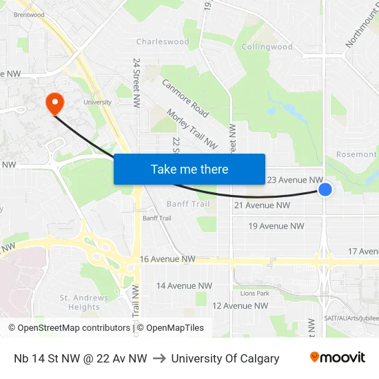 Nb 14 St NW @ 22 Av NW to University Of Calgary map