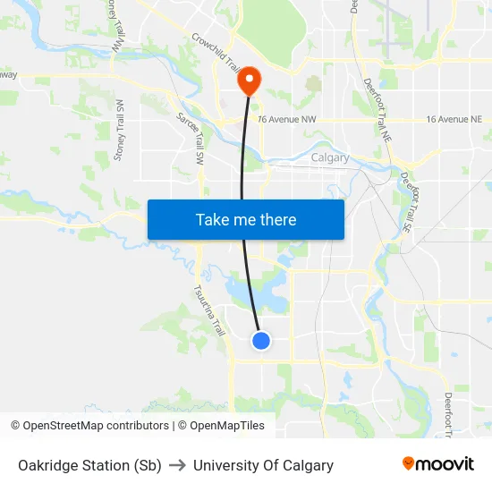 Oakridge Station (Sb) to University Of Calgary map