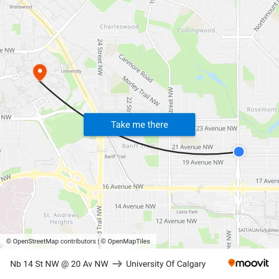 Nb 14 St NW @ 20 Av NW to University Of Calgary map