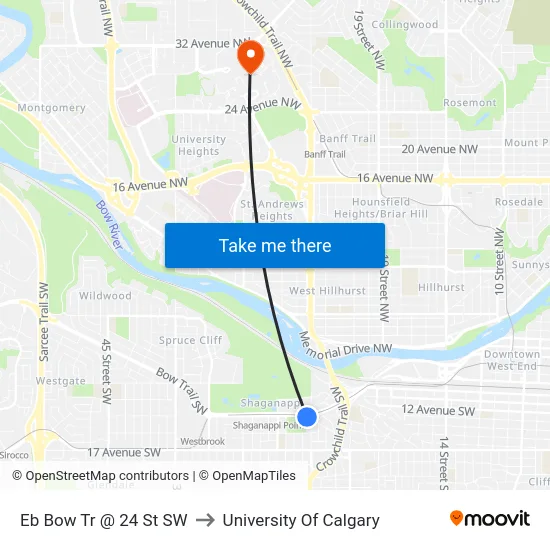 Eb Bow Tr @ 24 St SW to University Of Calgary map