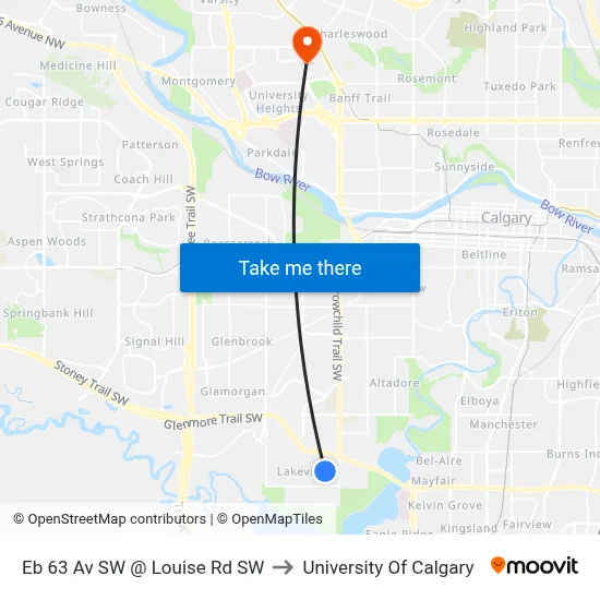 Eb 63 Av SW @ Louise Rd SW to University Of Calgary map