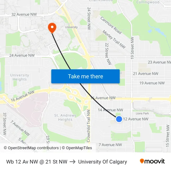 Wb 12 Av NW @ 21 St NW to University Of Calgary map