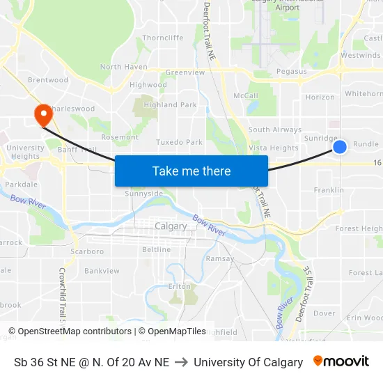 Sb 36 St NE @ N. Of 20 Av NE to University Of Calgary map