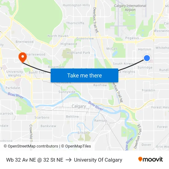 Wb 32 Av NE @ 32 St NE to University Of Calgary map