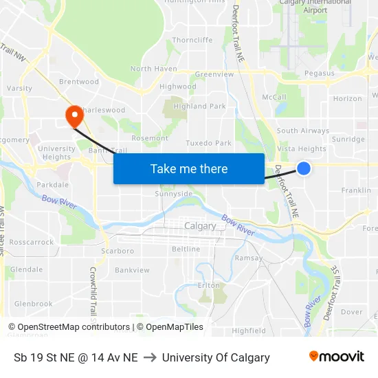 Sb 19 St NE @ 14 Av NE to University Of Calgary map