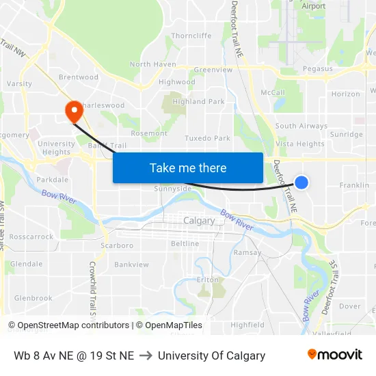Wb 8 Av NE @ 19 St NE to University Of Calgary map