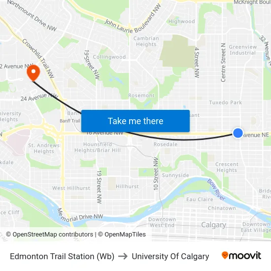 Edmonton Trail Station (Wb) to University Of Calgary map