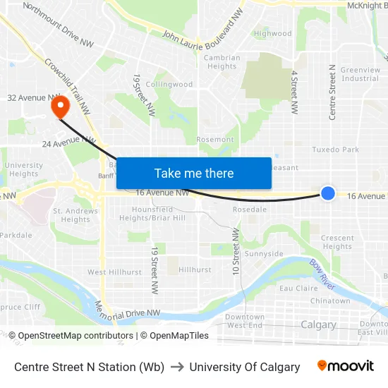 Centre Street N Station (Wb) to University Of Calgary map
