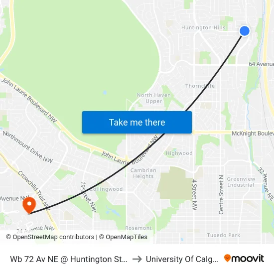 Wb 72 Av NE @ Huntington St NE to University Of Calgary map
