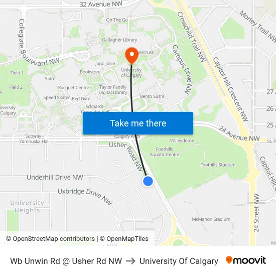 Wb Unwin Rd @ Usher Rd NW to University Of Calgary map